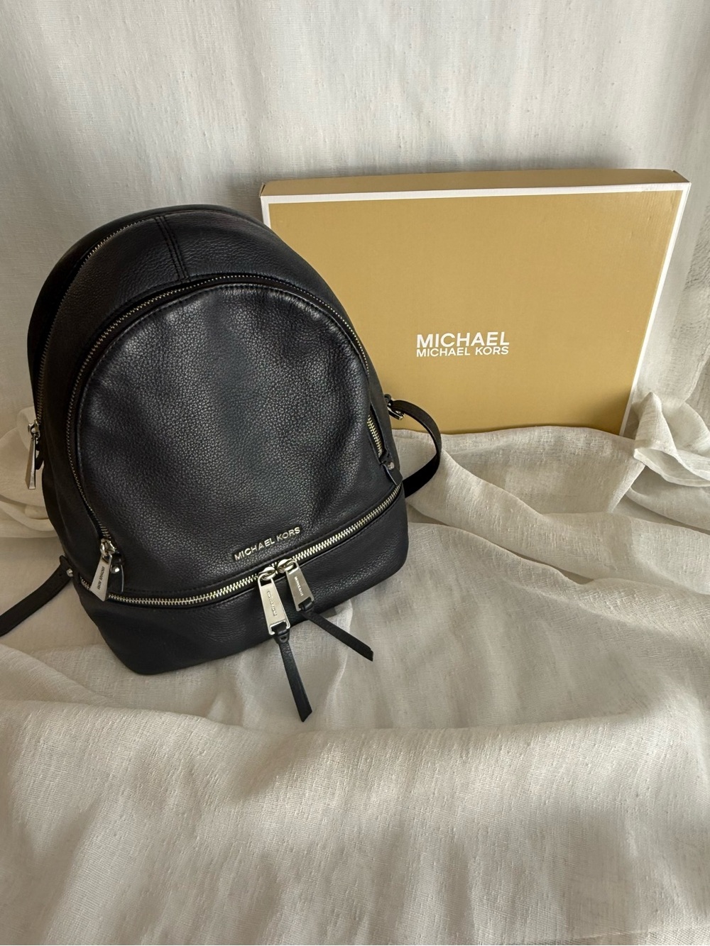 Michael Kors Black Leather Pebbled Backpack with Silver Hardware